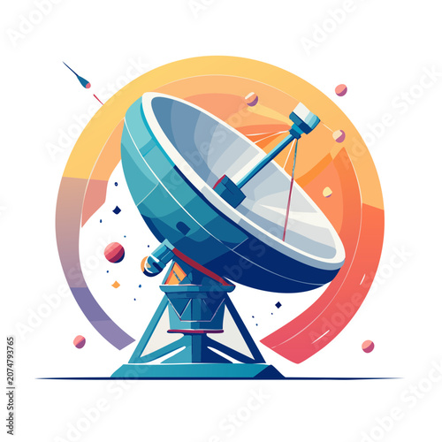 Flat vector illustration of a satellite dish antenna in space
