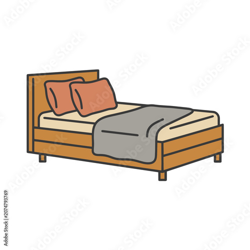 Flat vector illustration of a single bed with pillows and blanket