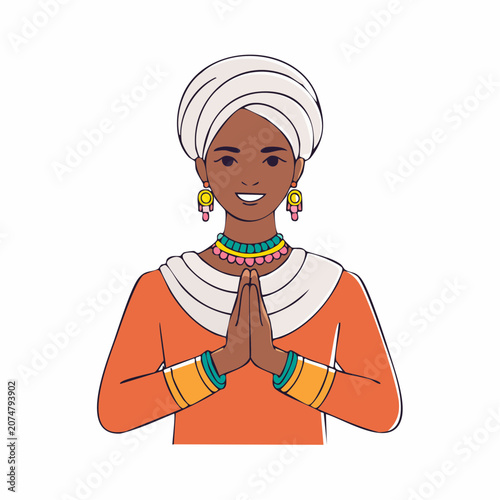 Woman in Traditional Indian Attire with Namaste Gesture