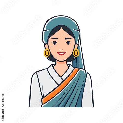 Woman in traditional sari and headscarf flat vector illustration