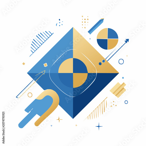 Abstract Geometric Composition with Blue and Gold Shapes