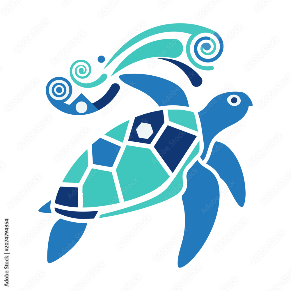 Obraz premium Minimalistic sea turtle swimming with abstract wave motifs and geometric shell patterns isolated on a white background wildlife nature concept