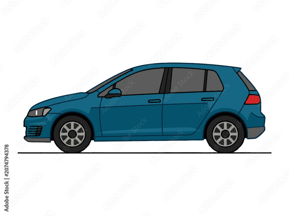Fototapeta premium Blue Hatchback Car Vector Illustration, Side View, Isolated on White Background