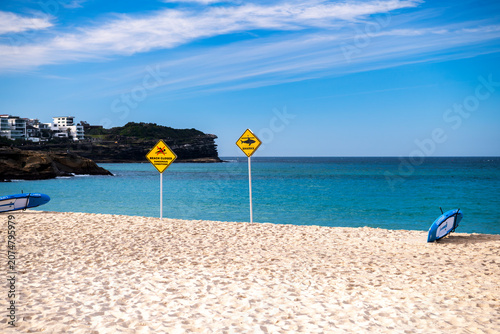 Shark warning and beach closure signs on Bronte Beach following a shark incident, with calm ocean and blue sky, Sydney, Australia.