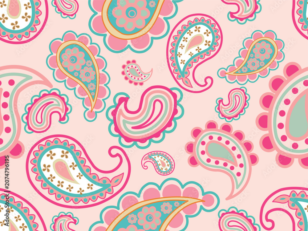 Fototapeta premium Lovely vintage paisley and floral seamless pattern in soft pastel tones. Featuring light pink, hot pink, and mint green details with tiny blossoms and dots inside teardrop shapes. 