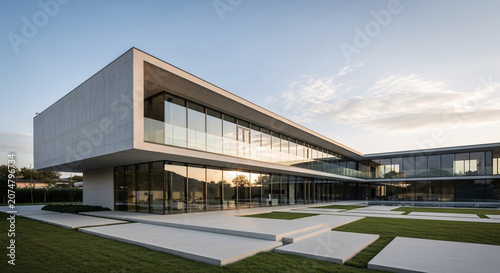 Sleek Modern Building with Large Glass Facades and Geometric Pathways on a Green Lawn
