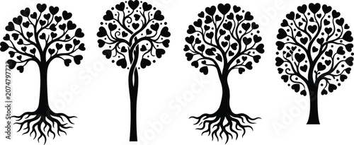 Fotografie Tree of Life Silhouette Collection with Heart Shaped Leaves and Exposed Roots fo