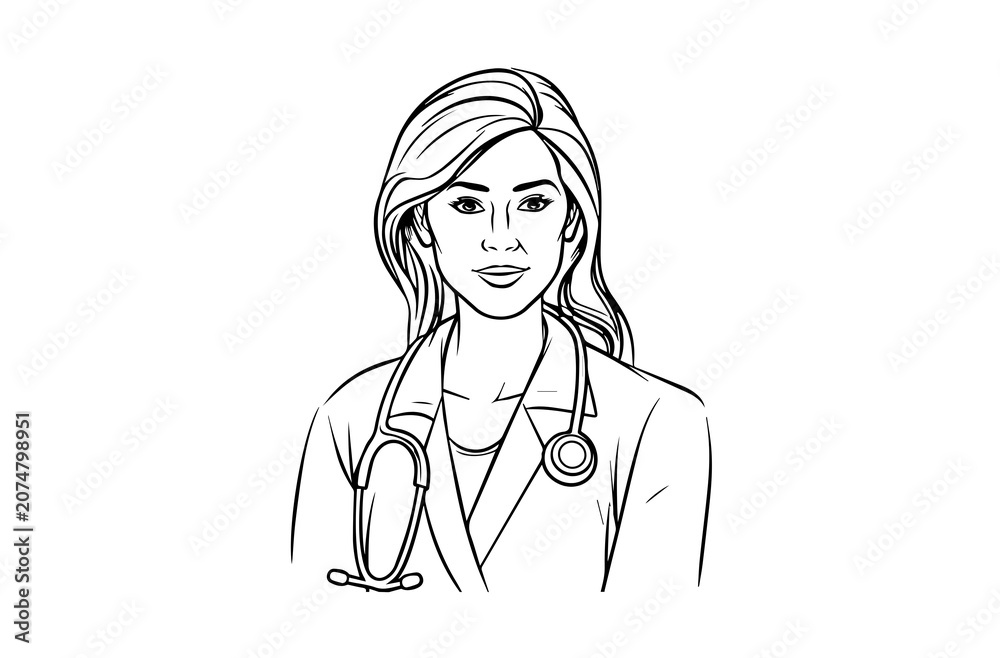 Fototapeta premium Female doctor portrait detailed line art sketch smiling woman healthcare professional illustration isolated on white background