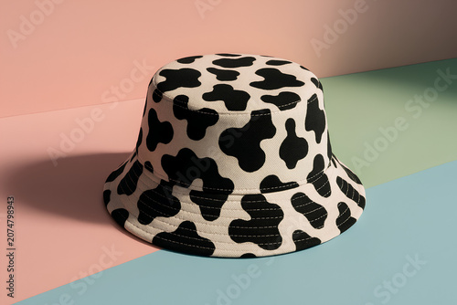 Stylish Cow Print Bucket Hat on Vibrant Color Block Background