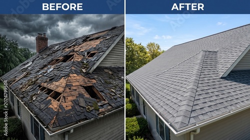 Comparison of a damaged residential house roof before and after professional roofing repair services