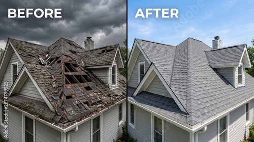Split screen comparison of house roof before and after repair services