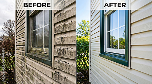 Comparison of house vinyl siding before and after pressure washing exterior cleaning service