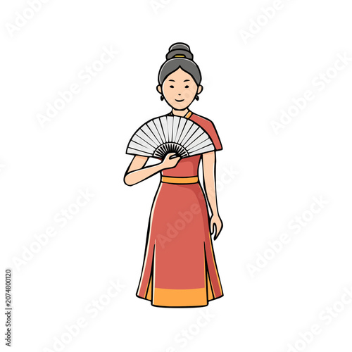 Woman in traditional dress holding a hand fan, flat vector