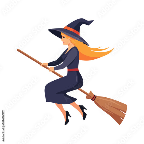 Witch flying on broomstick flat vector illustration