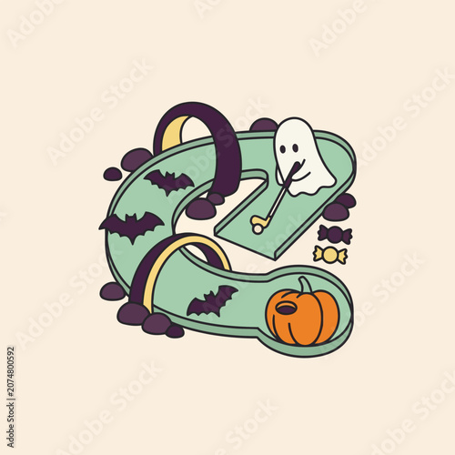 Halloween mini golf course with ghost pumpkin and candy