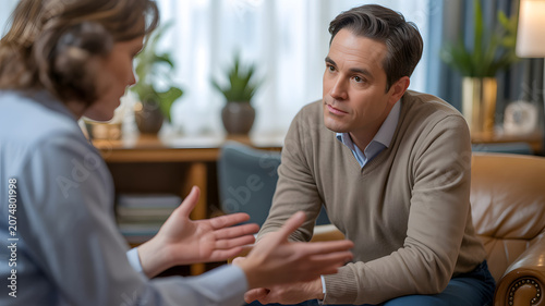 Man Listening Intently to Therapist or Counselor During Private Session in Office