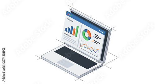 Laptop computer with colorful graphs on screen.