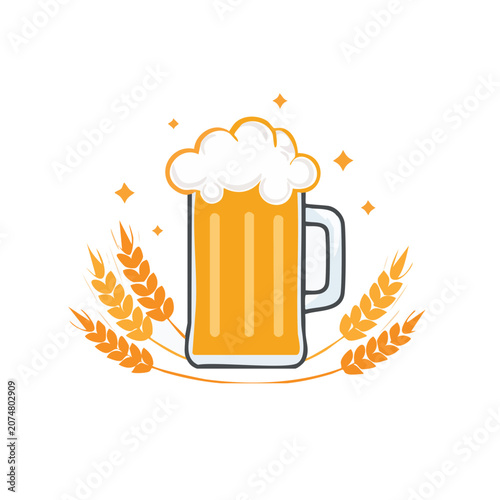 Flat illustration of beer mug with foam and wheat