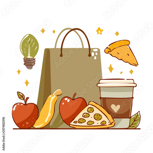 Flat illustration of shopping bag with food and coffee