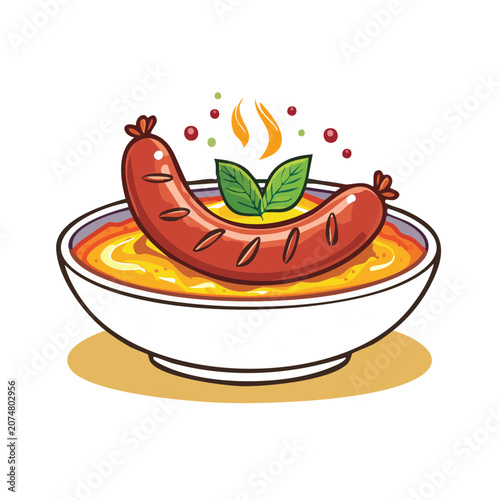 Illustration of sausage in a bowl of noodle soup