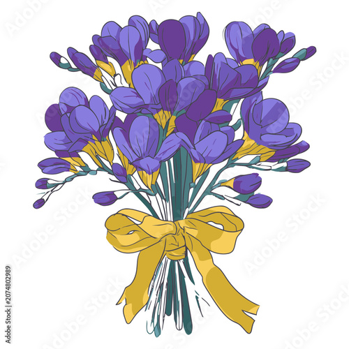 Purple Freesia Bouquet with Yellow Ribbon Vector Illustration
