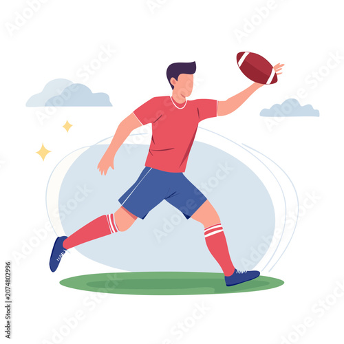 Rugby player kicking a ball in flat vector style