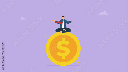 Konstfotografi Smart businessman meditate and floating on big golden money dollar coin