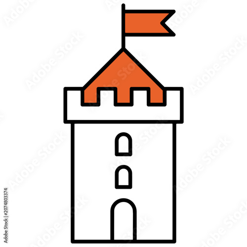 Flat vector icon of a medieval castle tower with flag