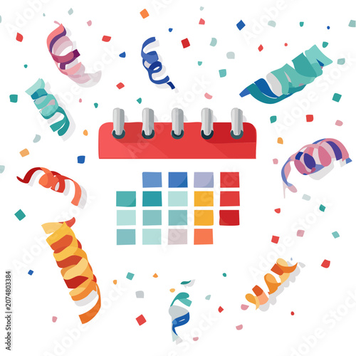 Flat vector calendar with party decorations and confetti