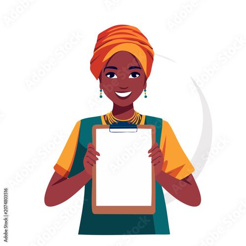Smiling woman in headscarf holding clipboard illustration