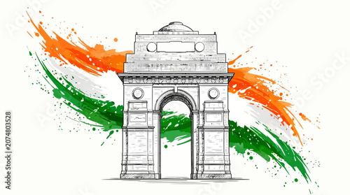 Hand drawn India Gate sketch with tricolor flag watercolor splash vector illustration