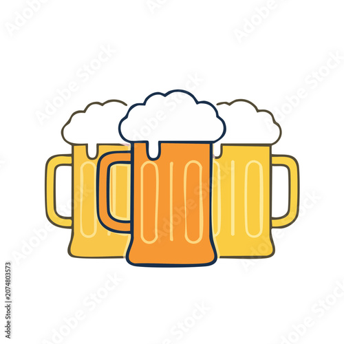 Three Beer Mugs with Foam Flat Vector Illustration