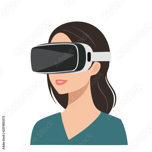 Woman wearing virtual reality headset, flat vector illustration