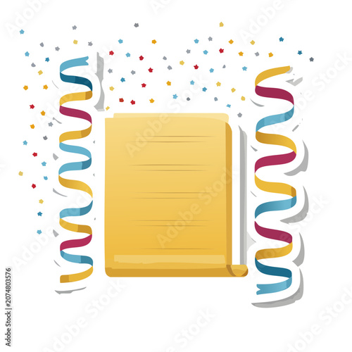Yellow scroll with colorful party streamers and confetti