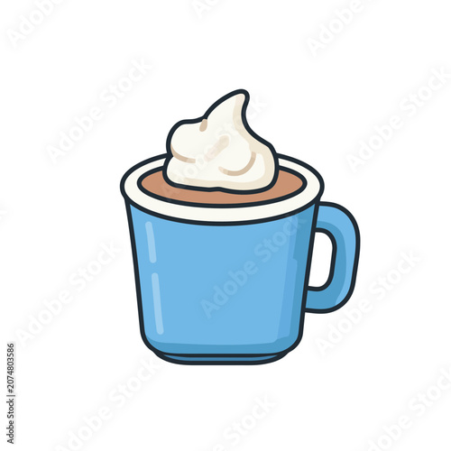 Blue mug of hot chocolate with whipped cream