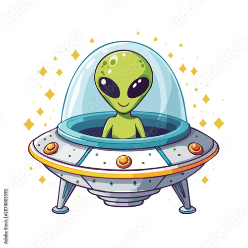 Cartoon alien in flying saucer vector illustration