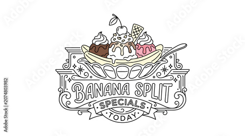 Billede på lærred Banana Split Specials Today Logo Design - Ice Cream Dessert Line Art