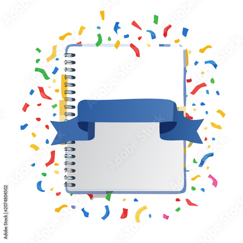 Notebook with Blue Ribbon and Confetti Vector Illustration