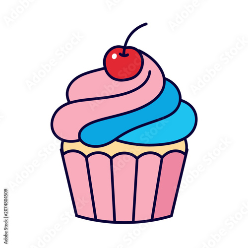 Pink and blue frosted cupcake with cherry illustration