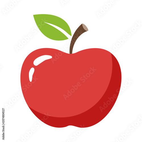 Red Apple with Green Leaf and Stem Vector Illustration
