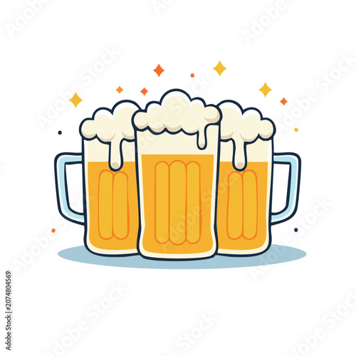 Three Beer Mugs with Foam Flat Vector Illustration