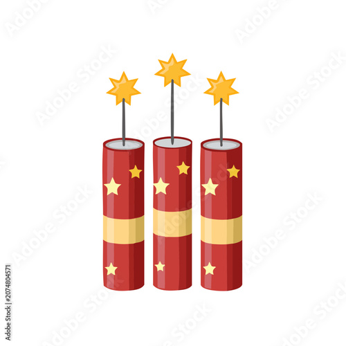 Three Red Firecrackers with Lit Fuses and Star Bursts