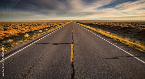 Long Straight Desert Highway at Sunset with Golden Light Illuminating the Arid Landscape