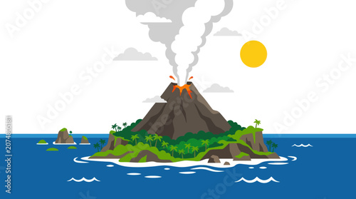 Φωτογραφία Volcano Erupts on Small Island Landscape.