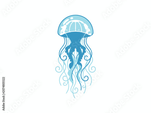 Elegant Blue Jellyfish Illustration with Flowing Tentacles on White Background