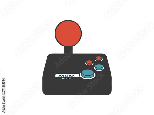 Retro Arcade Joystick with Red Ball Top and Buttons on White Background