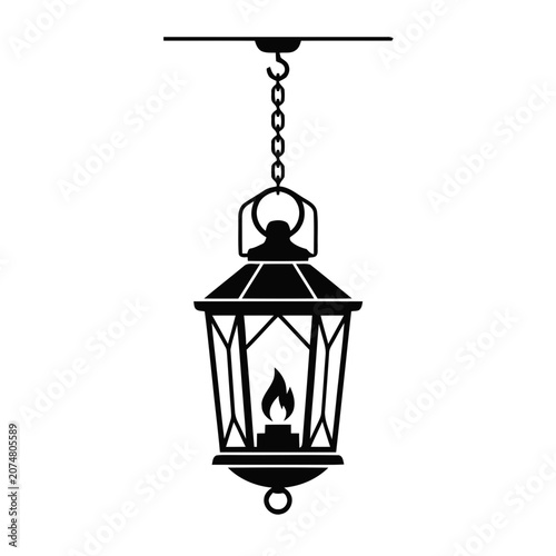 Vintage Hanging Lantern with Flame, Outdoor Light Fixture Silhouette