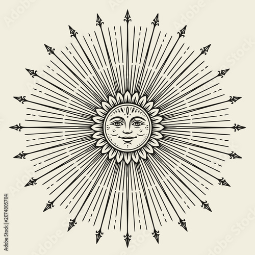 Vintage Sun Face Illustration with Rays and Arrows