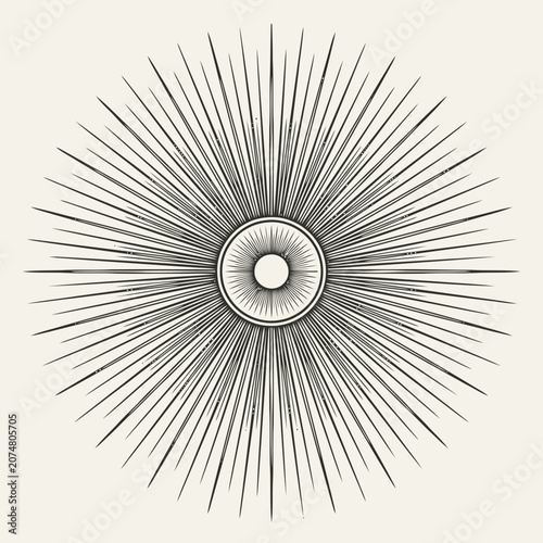Abstract sunburst illustration with radiating lines and central circle, vintage engraving style