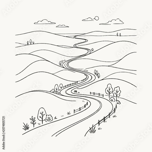 Winding Road Through Rolling Hills Landscape - Hand Drawn Sketch